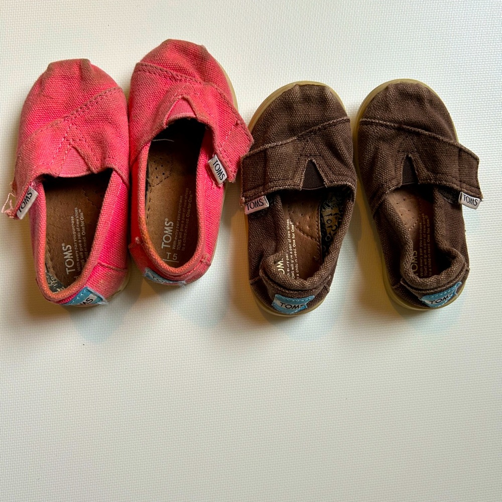 Two pairs toddler TOMS slip ons - pink and gray size T5